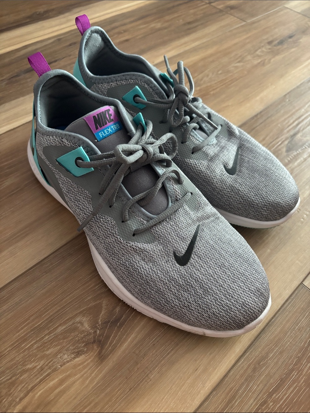 Nike Gray Knit Sneakers with Teal Eyelet & Pink Heel Tabs